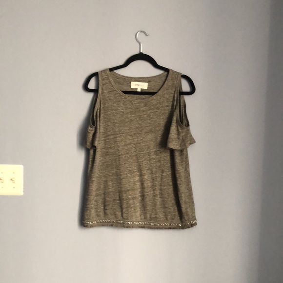 ⭕️ PRICE FIRM Derek Lam 10 Crosby M 100% Linen Fringe Gray Cold Shoulder Top - Picture 4 of 8